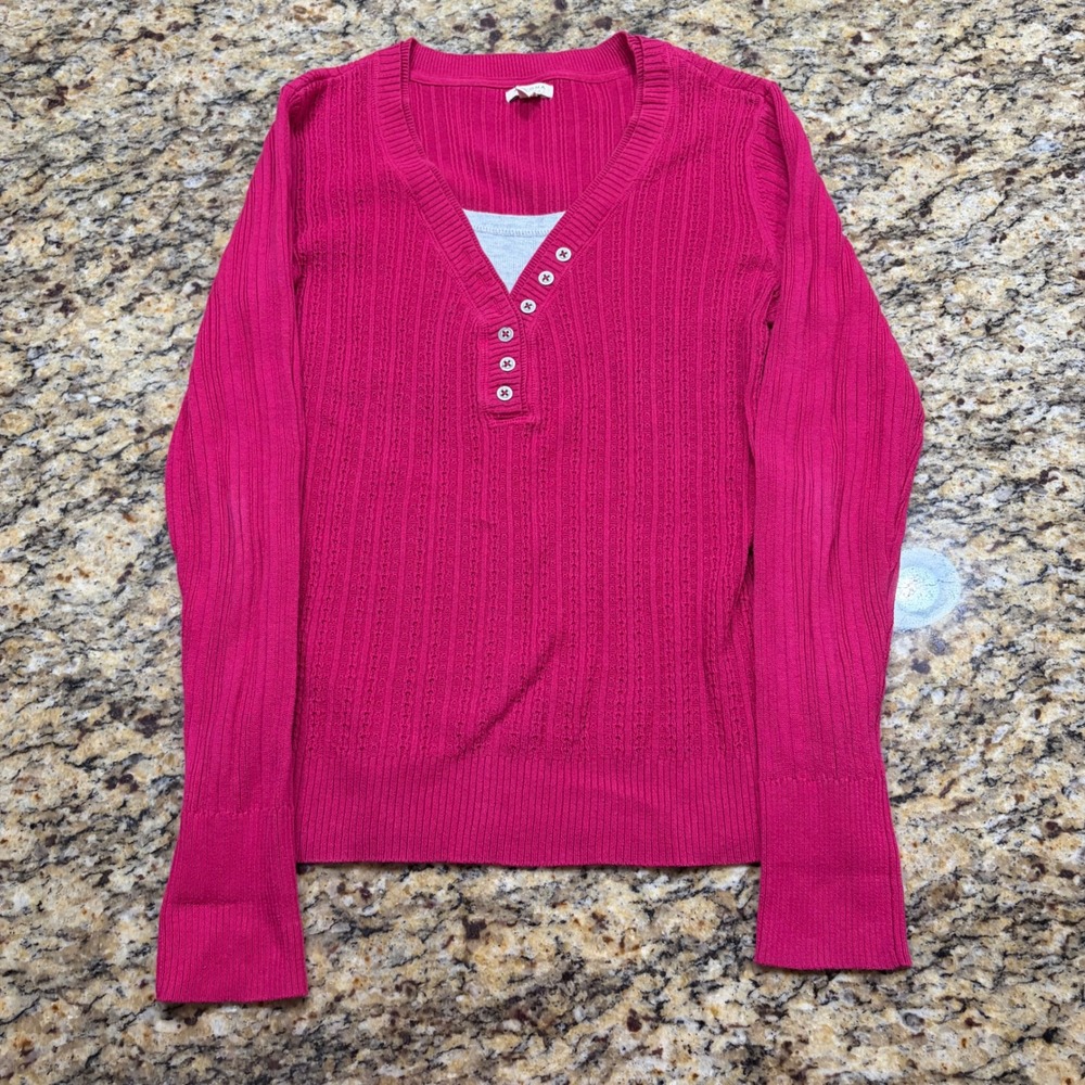 Sonoma Life Style Womens Ribbed Henley Sweater Pink Layered V-Neck Medium
